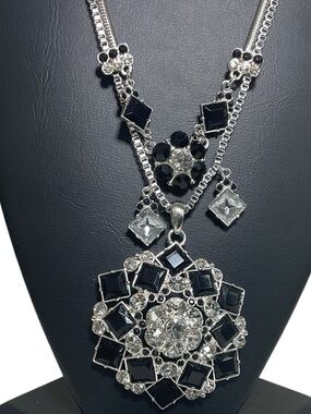 QVC Art Deco-Inspired Black & Clear Crystal Statement Necklace – Geometric Elega